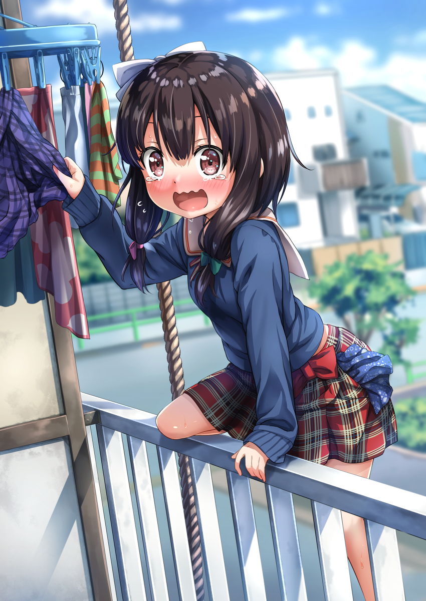 1girl bangs black_hair blue_shirt blurry blurry_background bow brown_eyes climbing clothes_theft commentary_request day depth_of_field green_bow hair_between_eyes hair_bow highres house itakurakou1993 long_hair long_sleeves looking_at_viewer open_mouth original outdoors plaid plaid_skirt pleated_skirt railing red_bow red_skirt rope sailor_collar school_uniform serafuku shirt skirt sleeves_past_wrists solo tears theft underwear_theft wavy_mouth white_sailor_collar