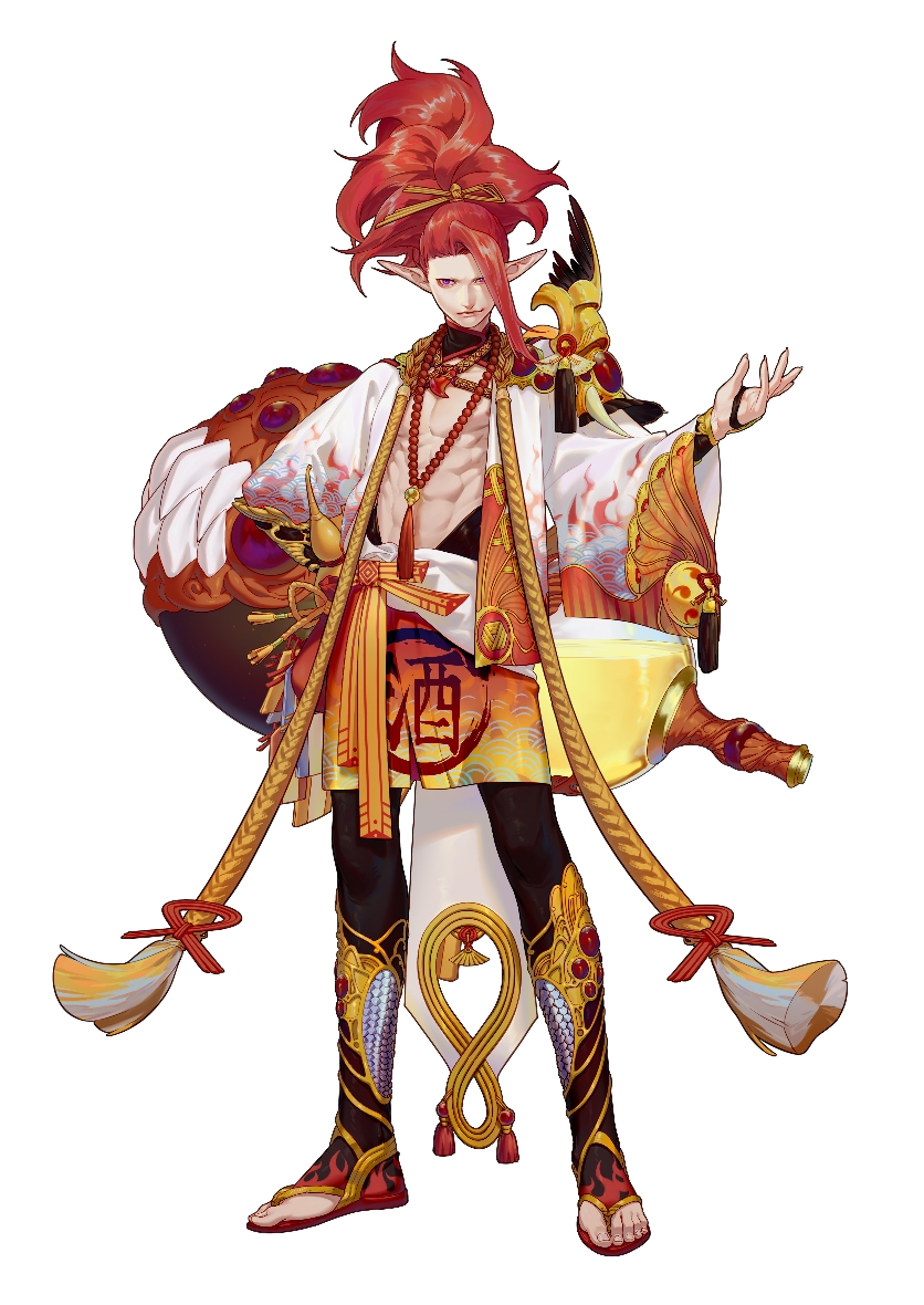 1boy abs apron asymmetrical_bangs bags_under_eyes bangle bangs beads big_hair bodysuit bracelet center_opening chinese_commentary commentary_request full_body hair_over_one_eye hand_on_hip hand_up high_collar japanese_clothes jewelry kimono liquid looking_at_viewer magatama navel nipples no_eyebrows onmyoji onmyouji open_hand pointy_ears ponytail prayer_beads print_apron print_kimono red_neckwear redhead sandals shiny shiny_hair shuten_douji_(onmyoji) smirk solo standing tassel toenails toes toned violet_eyes waist_apron wavy_hair yonoka