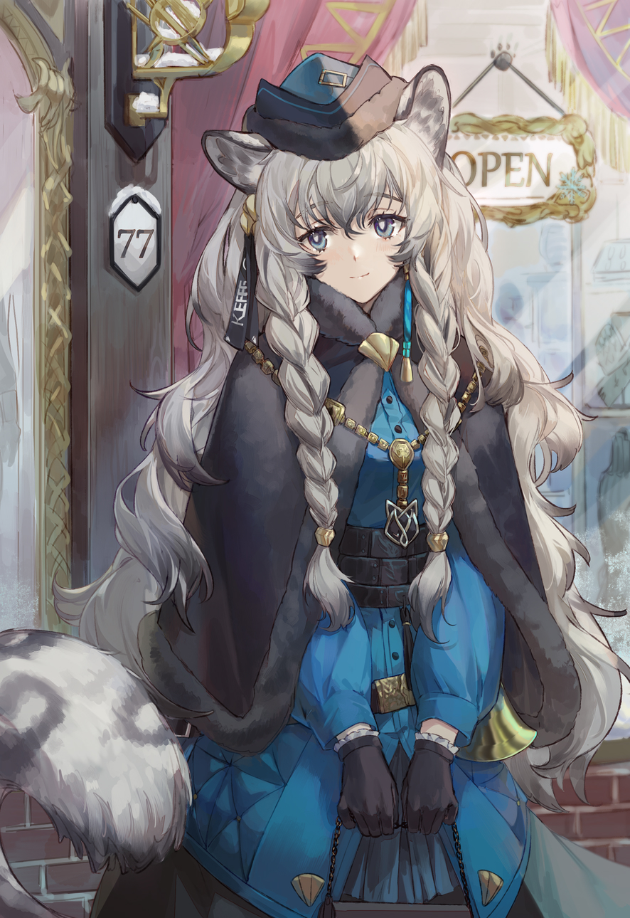 1girl alternate_costume animal_ear_fluff animal_ears arknights bag bangs black_capelet black_gloves blue_headwear blue_jacket braid capelet chain closed_mouth commentary csyday day door eyebrows_visible_through_hair fur-trimmed_capelet fur_trim gloves gold_chain grey_eyes hair_between_eyes hair_ribbon handbag hat highres jacket jewelry leopard_ears leopard_tail long_hair long_skirt long_sleeves looking_at_viewer open_sign outdoors pramanix_(arknights) ribbon side_braid silver_hair skirt smile solo standing storefront tail twin_braids very_long_hair window