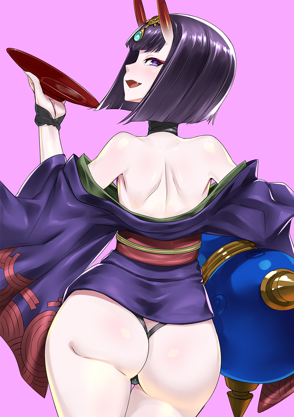 1girl ass bangs bare_shoulders black_fundoshi bob_cut cup eyeliner fate/grand_order fate_(series) gourd highres holding horns ippo japanese_clothes kimono looking_at_viewer makeup off_shoulder oni oni_horns open_mouth purple_hair purple_kimono sakazuki short_hair shuten_douji_(fate/grand_order) simple_background violet_eyes