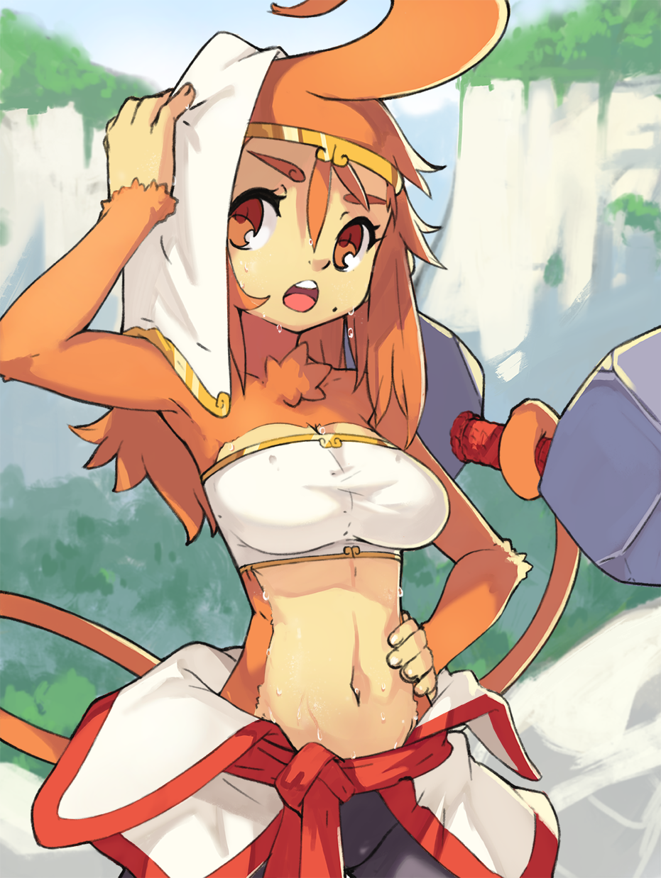 1girl ahoge beltbra bike_shorts bra commentary commission cowboy_shot day english_commentary furry hand_on_hip hand_up highres looking_at_viewer mole mole_under_mouth navel open_mouth orange_eyes orange_hair original outdoors solo towel towel_on_head underwear vins-mousseux wet white_bra