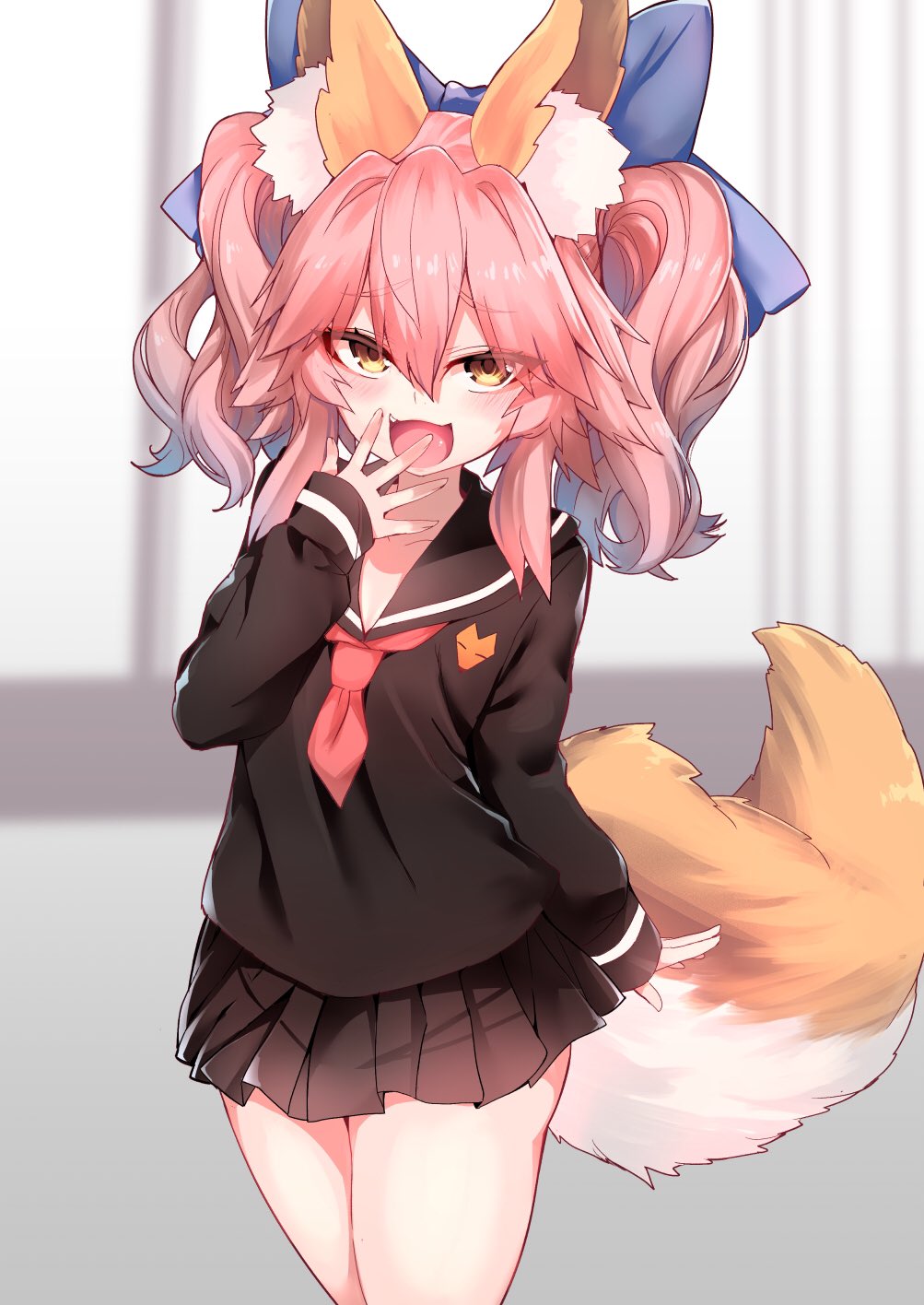 1girl alternate_costume animal_ear_fluff animal_ears bangs black_sailor_collar black_serafuku black_shirt black_skirt blue_bow blurry blurry_background blush bow collarbone commentary_request eyebrows_visible_through_hair fang fate_(series) flat_chest fox_ears fox_tail grey_background hair_bow hand_to_own_mouth hand_up happy highres indoors jpeg_artifacts long_sleeves miniskirt neckerchief open_mouth pink_hair pleated_skirt red_neckwear sailor_collar school_uniform serafuku shiny shiny_hair shirt short_hair skirt smile smug solo standing tail tamamo_(fate)_(all) tamamo_no_mae_(fate) tied_hair twintails wisespeak yellow_eyes younger