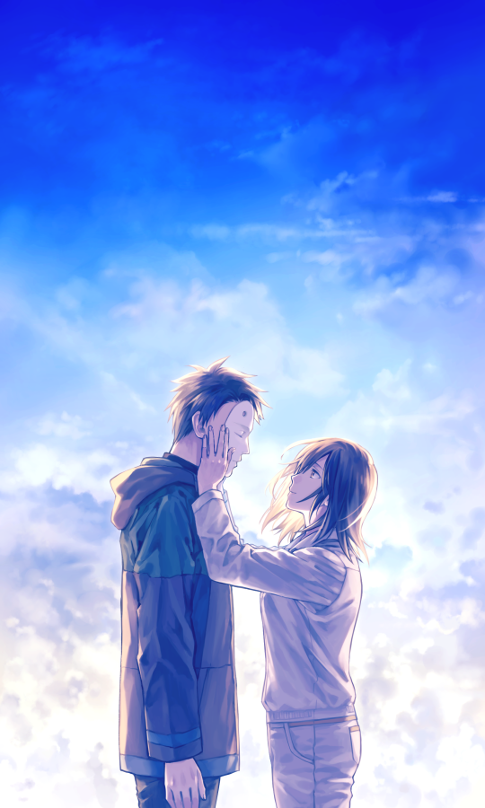 1boy 1girl black_hair blue_sky brown_eyes brown_hair clouds hand_on_another's_cheek hand_on_another's_face hole hood hoodie id_:invaded inami_nahoshi kagami_ei kazuta_haruka looking_at_another mask sky standing