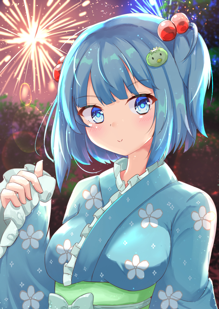 1girl aerial_fireworks alternate_costume arm_up bangs blue_eyes blue_kimono blush breasts bright_pupils commentary_request fireworks floral_print hair_bobbles hair_ornament head_tilt japanese_clothes kappa_hair_ornament kawashiro_nitori kimono large_breasts lens_flare looking_at_viewer night obi outdoors partial_commentary rururiaru sash short_hair sleeves_past_wrists smile solo standing touhou two_side_up upper_body yukata