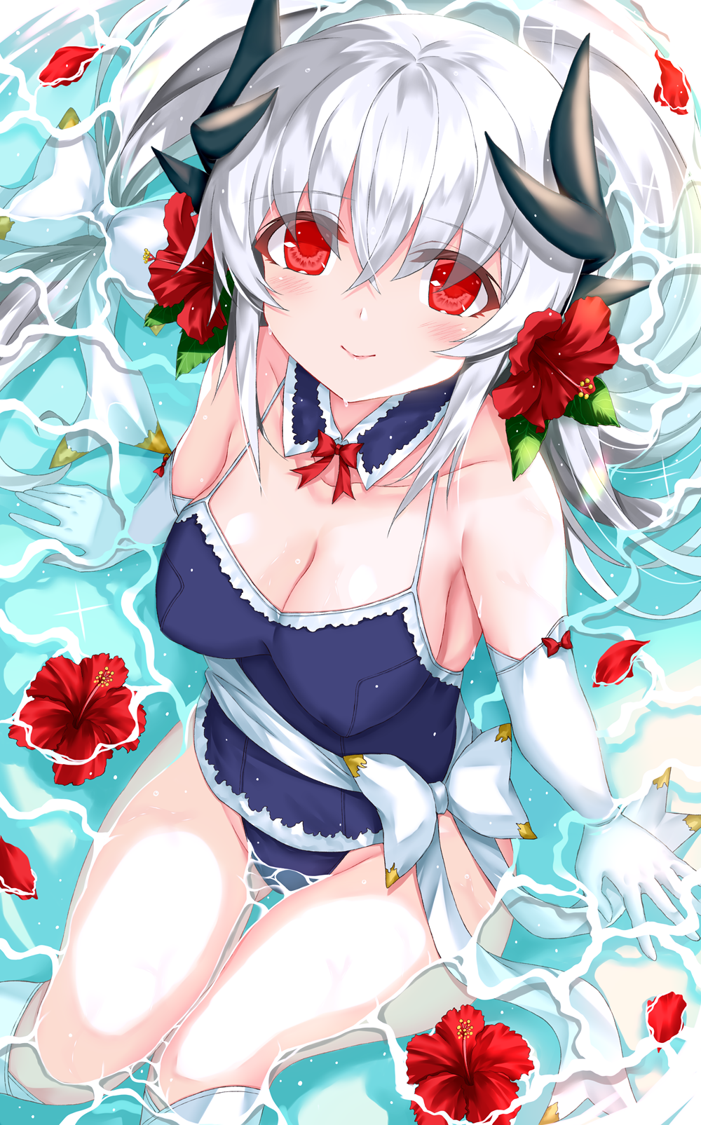 1girl blue_swimsuit breasts casual_one-piece_swimsuit collarbone dragon_girl dragon_horns elbow_gloves fate/grand_order fate_(series) flower from_above gloves grey_hair hair_flower hair_ornament highres horns kiyohime_(fate/grand_order) kiyohime_(swimsuit_lancer)_(fate) long_hair medium_breasts morizono_shiki multiple_horns one-piece_swimsuit red_eyes red_flower sitting solo swimsuit white_gloves