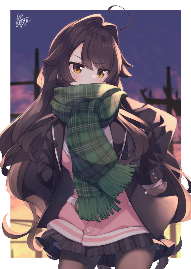 1girl ahoge bangs black_hair black_jacket blurry blurry_background blush_stickers brown_eyes brown_legwear brown_mittens cardigan commentary_request contrapposto depth_of_field eyebrows_visible_through_hair fringe_trim green_scarf hair_between_eyes hair_intakes hands_on_hips jacket long_hair mittens natsuki-chan_(natsuki_teru) natsuki_teru open_clothes open_jacket original pantyhose pink_cardigan plaid plaid_scarf scarf signature solo standing sunset very_long_hair