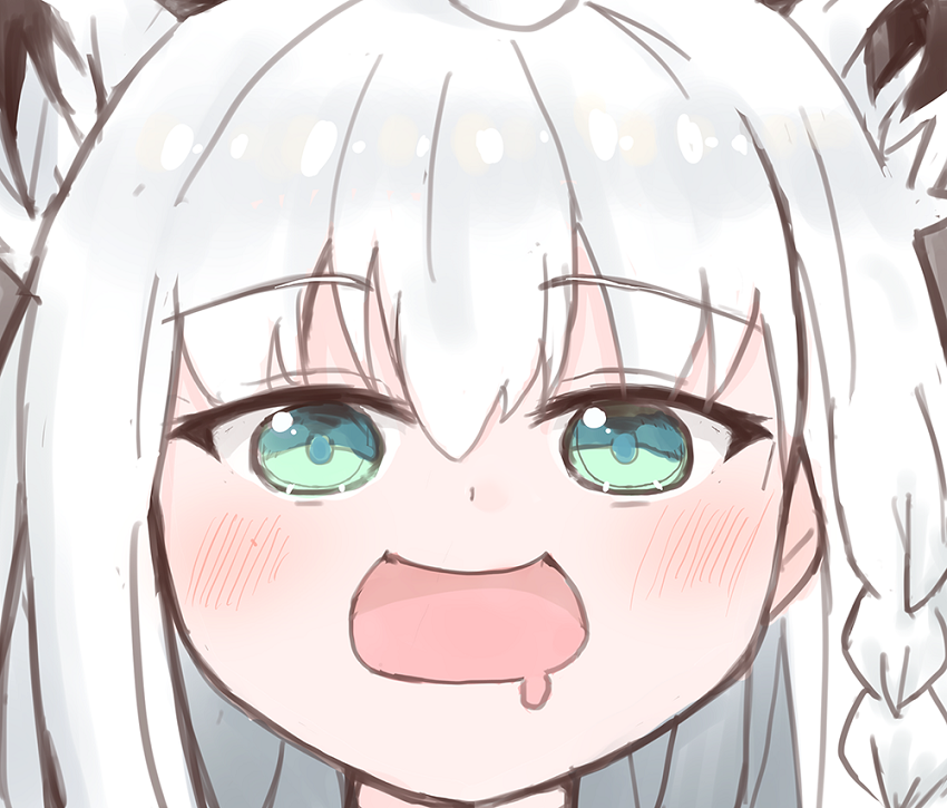 1girl animal_ears bangs blush braid commentary_request drooling eyebrows_visible_through_hair fox_ears fox_girl framejelly green_eyes hair_between_eyes hololive long_hair looking_at_viewer open_mouth portrait shirakami_fubuki sidelocks single_braid solo white_hair