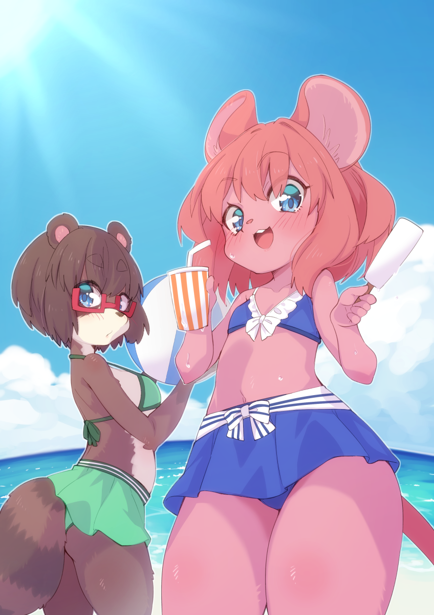 2girls animal_ears ass beach bikini bikini_skirt blue_bikini blue_eyes blue_skirt breasts brown_hair cup drinking_straw flat_chest food furry glasses green_bikini green_skirt highres mouse_ears mouse_girl mouse_girl_(yuuki_(yuyuki000)) mouse_tail multiple_girls navel ocean open_mouth original outdoors pink_hair popsicle raccoon_ears raccoon_girl raccoon_tail short_hair sideboob skirt smile swimsuit tail thighs yuuki_(yuyuki000)