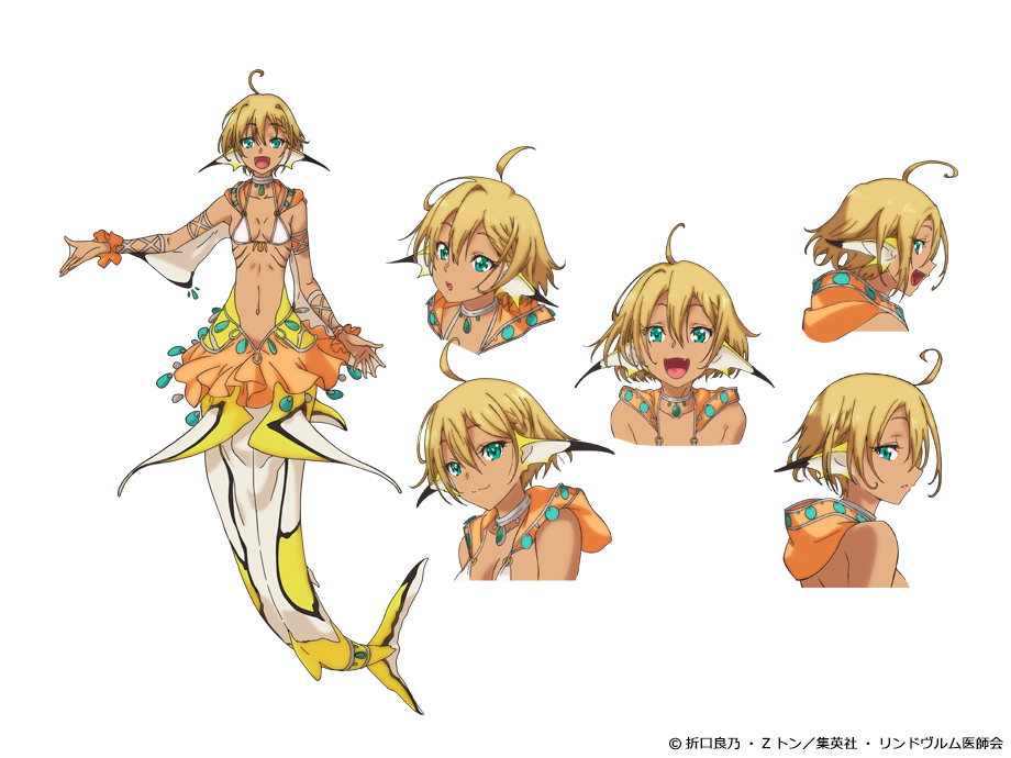 1girl :d ahoge aqua_eyes blonde_hair breasts closed_mouth dark_skin expression_chart floating_hair full_body gills head_fins looking_at_viewer lulala_heine mermaid monster_girl monster_musume_no_oisha-san multiple_views official_art open_mouth simple_background small_breasts smile white_background