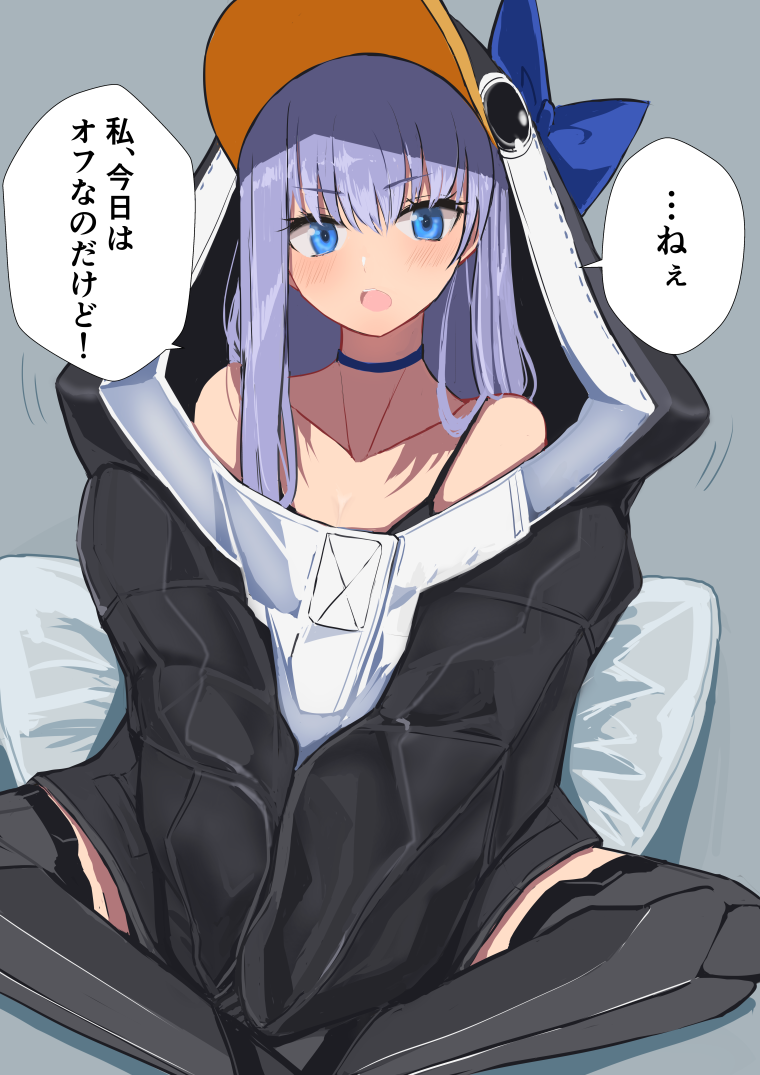 1girl animal_hood bangs bare_shoulders bikini black_bikini black_jacket blue_bow blue_eyes blush bow breasts choker collarbone fate/grand_order fate_(series) greaves hinomaru_(futagun) hood hood_up indian_style jacket long_hair long_sleeves looking_at_viewer meltryllis meltryllis_(swimsuit_lancer)_(fate) open_mouth penguin_hood pillow prosthesis prosthetic_leg purple_hair sitting sleeves_past_fingers sleeves_past_wrists small_breasts speech_bubble swimsuit thighs translation_request very_long_hair