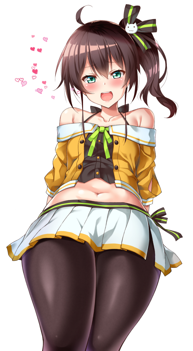 1girl ahoge arms_behind_back bangs bare_shoulders blush brown_hair collarbone commentary_request crop_top eyebrows_visible_through_hair green_eyes hair_between_eyes hair_ribbon halterneck heart highres hololive kuragari looking_at_viewer midriff natsuiro_matsuri navel off_shoulder open_mouth pantyhose ribbon side_ponytail sidelocks simple_background skirt solo virtual_youtuber white_background white_skirt