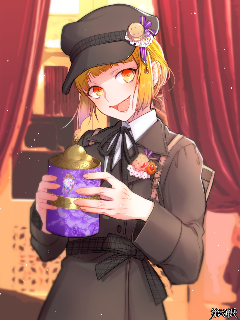 1boy :d black_headwear blonde_hair copyright_name curtains dairoku_youhei hat hat_ornament indoors long_sleeves morino_bambi open_mouth orange_eyes otoko_no_ko smile