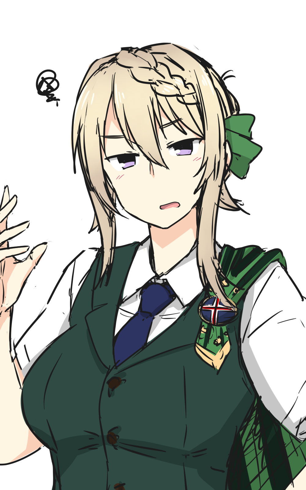 1girl badge blonde_hair blue_neckwear braid braided_bun breasts cape commentary_request dress_shirt green_cape green_vest hamu_koutarou highres kantai_collection looking_at_viewer medium_breasts necktie perth_(kantai_collection) school_uniform shirt short_hair short_sleeves simple_background solo upper_body vest violet_eyes white_background white_shirt