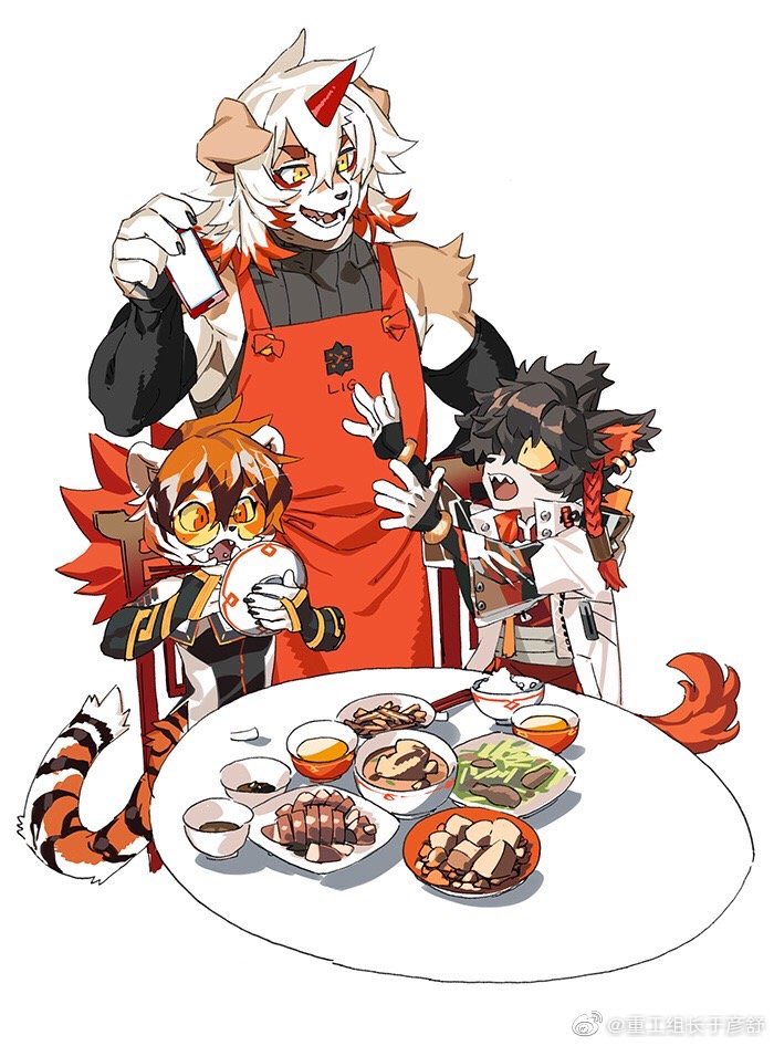 1girl aak_(arknights) animal_ears apron arknights bangs black_hair bowl cat_ears cellphone chinese_clothes dog_ears earrings eating food furry glasses holding horns hung_(arknights) jewelry multicolored_hair multiple_boys open_clothes orange_hair orange_tunic phone rice_bowl short_hair single_horn smartphone streaked_hair tail tiger_ears tiger_girl tiger_tail waai_fu_(arknights) white_hair yellow_sclera yuyanshu13