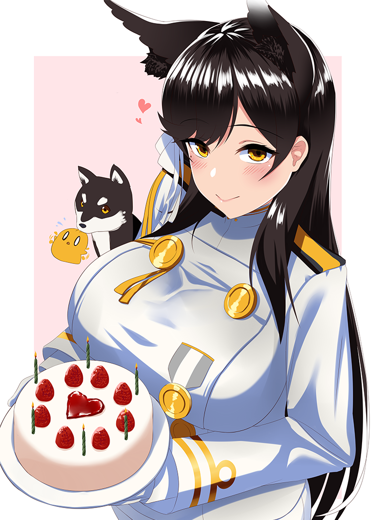 1girl animal_ears atago_(azur_lane) azur_lane bangs black_hair blush breasts cake candle closed_mouth commentary_request dessert dog dog_ears extra_ears food fruit hair_behind_ear heart holding holding_plate icing kagiyama_(clave) large_breasts long_hair manjuu_(azur_lane) military military_uniform mole mole_under_eye pastry pink_background pink_lips plate ribbon smile strawberry swept_bangs uniform white_ribbon yellow_eyes