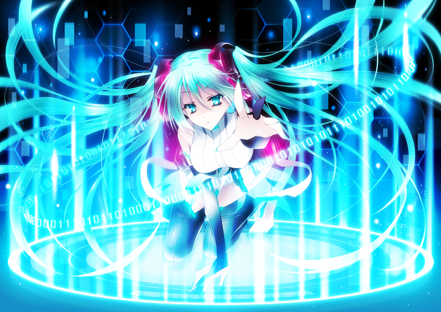 1girl absurdly_long_hair all_fours bangs black_legwear blue_eyes blue_hair breasts drugstore04 eyebrows_visible_through_hair floating_hair hair_between_eyes hair_ornament hatsune_miku leotard long_hair looking_at_viewer medium_breasts miku_append parted_lips reaching_out shiny shiny_hair solo very_long_hair vocaloid vocaloid_append white_leotard