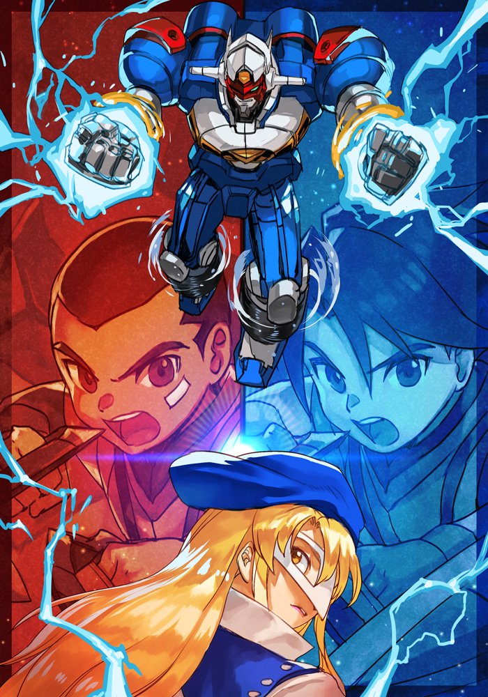 1girl 2boys blonde_hair blue_headwear clenched_hands dendou gear_senshi_dendou glowing glowing_eye hankuri hat high_collar izumo_ginga jacket kusanagi_hokuto long_hair mask mecha multiple_boys open_mouth simple_background sparks super_robot upper_teeth v-shaped_eyebrows vega_(dendoh) yellow_eyes