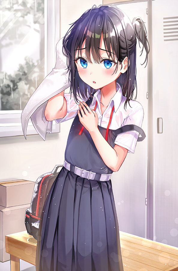 1girl :o backpack bag belt bench black_hair blue_dress blue_eyes blush box cardboard_box collared_shirt dress hand_up indoors locker medium_hair open_mouth original pleated_dress rangu red_neckwear school_uniform shirt short_sleeves solo tied_hair towel uniform wet wet_clothes wet_hair wet_shirt white_shirt window