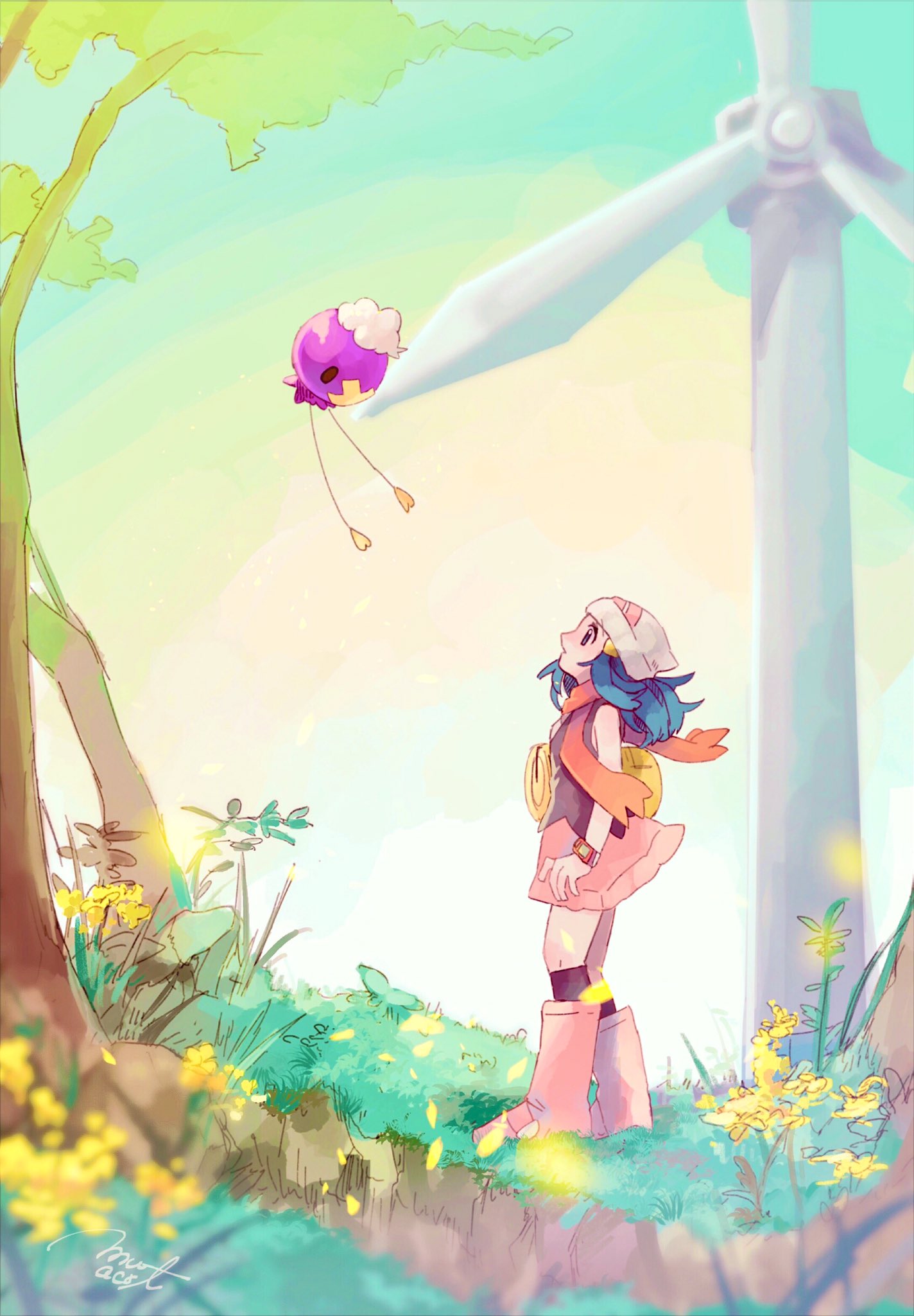 1girl beanie black_legwear blue_hair boots commentary_request day drifloon flower flying gen_4_pokemon grass hair_ornament hat highres hikari_(pokemon) long_hair looking_up mu_acrt outdoors pink_footwear pokemon pokemon_(creature) pokemon_(game) pokemon_dppt red_scarf scarf socks tree wind_turbine windmill