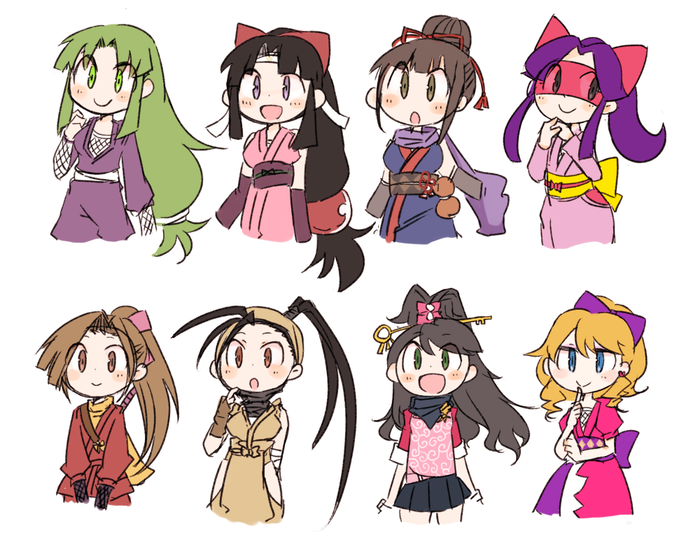 6+girls :&gt; :d ayame_(pop'n_music) bandages black_hair blonde_hair blue_eyes blush bow brown_eyes brown_hair detached_sleeves earrings fishnet_top fishnets fujibayashi_suzu ganbare_goemon green_eyes green_hair gyakuten_kenji gyakuten_saiban hair_bow hamaguchi_ayame ibuki_(street_fighter) ichijou_mikumo idolmaster idolmaster_cinderella_girls jewelry long_hair mikan_(mikabe) multiple_girls ninin_ga_shinobuden ninja open_mouth ponytail pop'n_music purple_hair shinobi_anko shinobu simple_background sleeveless smile street_fighter tales_of_(series) tales_of_phantasia trait_connection upper_body violet_eyes white_background yae_(ganbare_goemon)