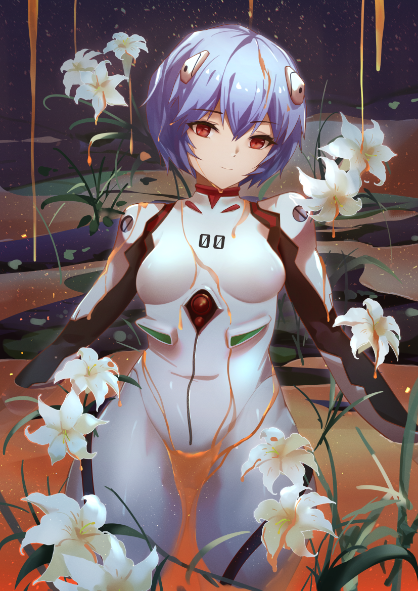 1girl ayanami_rei blue_hair bodysuit breasts faicha flower hairpods interface_headset lily_(flower) neon_genesis_evangelion pilot_suit plugsuit red_eyes short_hair sitting skin_tight small_breasts solo white_bodysuit white_flower