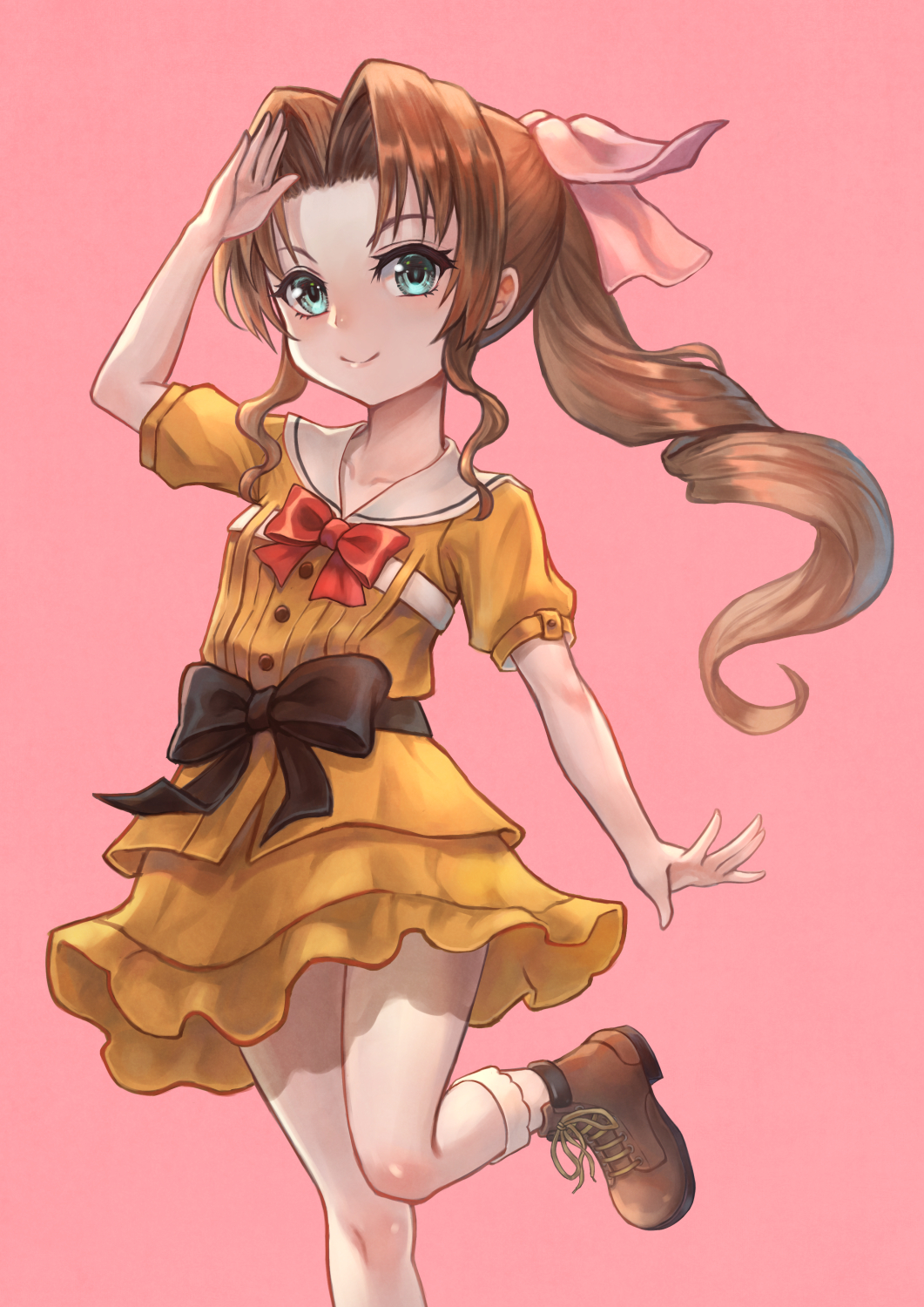 1girl aerith_gainsborough arm_up boots bow brown_footwear brown_hair child dress final_fantasy final_fantasy_vii hair_bow hair_intakes highres leg_up long_hair orange_dress pink_background ponytail ribbon salute simple_background smile socks solo standing standing_on_one_leg tsukizaki_shizuka white_footwear younger