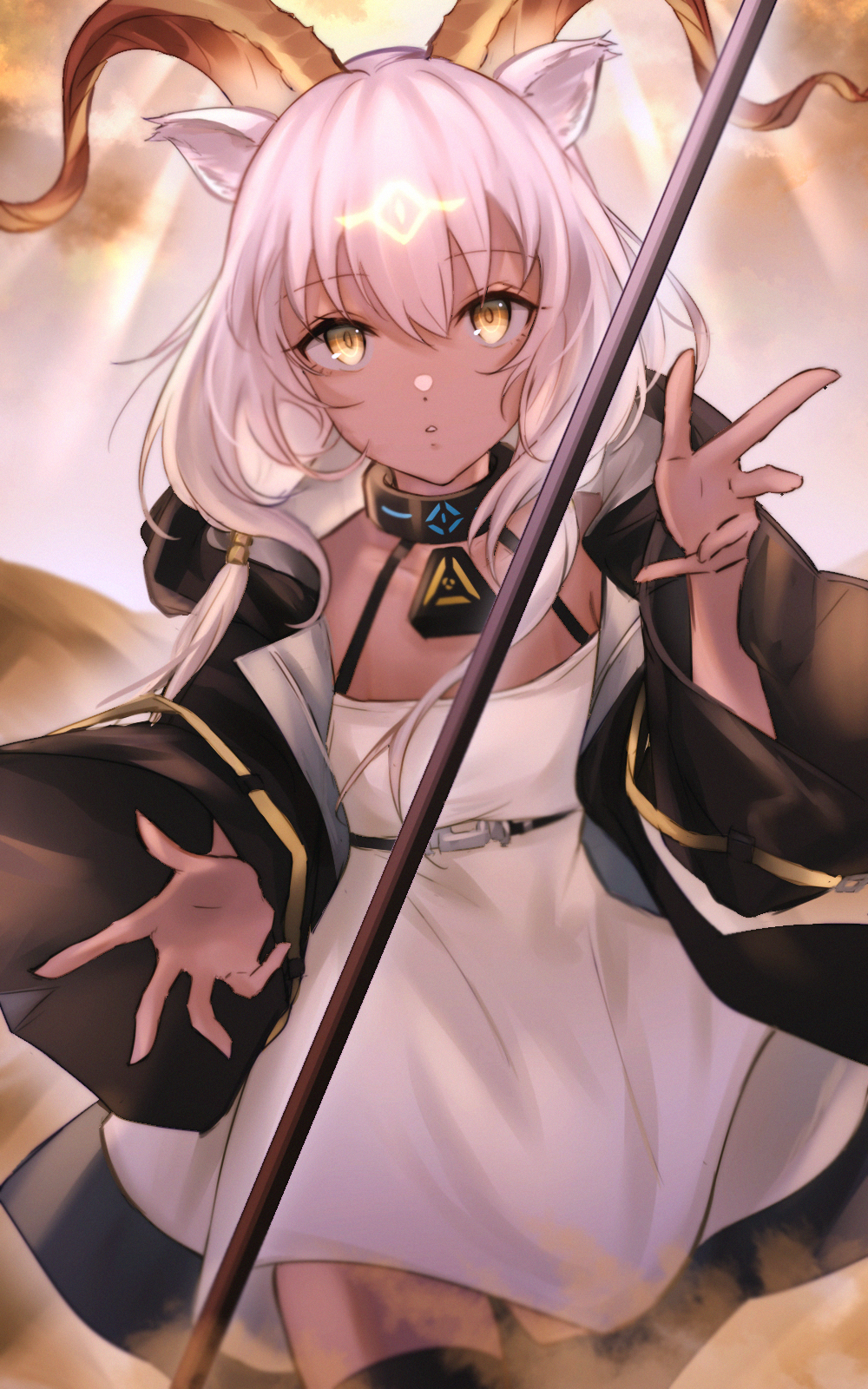 1girl animal_ears arknights bangs beeswax_(arknights) breasts dark_skin dress eyebrows_visible_through_hair floating_weapon hair_between_eyes haku_wi highres holding horns long_hair long_sleeves looking_at_viewer parted_lips sand silver_hair solo staff white_dress wind yellow_eyes