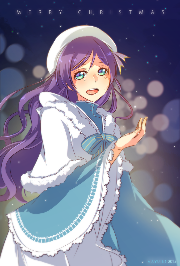 1girl aqua_eyes long_hair looking_at_viewer love_live! love_live!_school_idol_festival love_live!_school_idol_project merry_christmas muki_(mayuiki) open_mouth purple_hair smile solo starry_background toujou_nozomi