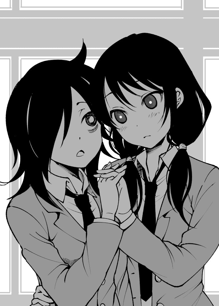 2girls black_hair blazer cardigan jacket kuroki_tomoko long_hair low_twintails monochrome multiple_girls necktie sakayama_shinta tamura_yuri twintails watashi_ga_motenai_no_wa_dou_kangaetemo_omaera_ga_warui!