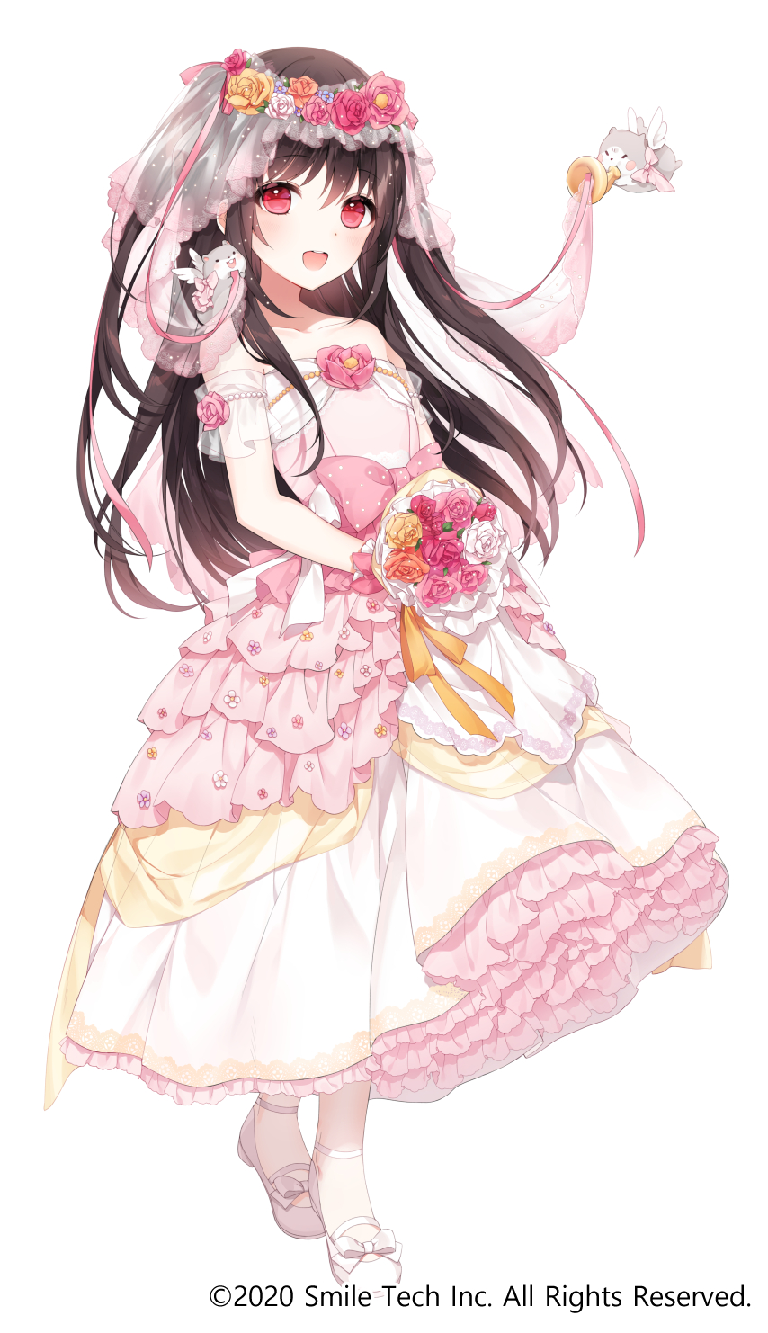 1girl a20_(atsumaru) bangs bare_shoulders black_hair bouquet bow bridal_veil cat collarbone commentary_request copyright_name dress eyebrows_visible_through_hair flat_chest flower frilled_dress frills full_body hair_flower hair_ornament highres holding holding_bouquet holding_flower long_hair looking_at_viewer multicolored multicolored_clothes multicolored_dress official_art original pink_dress pink_flower pink_ribbon red_eyes ribbon see-through_sleeves shoe_bow shoes short_sleeves simple_background smile solo upper_teeth veil veil_lift wedding_dress white_background white_footwear wings yellow_dress