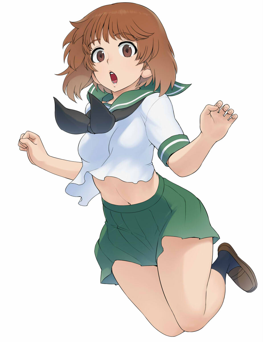 1girl bangs black_legwear black_neckwear blouse brown_eyes brown_footwear brown_hair commentary eyebrows_visible_through_hair full_body girls_und_panzer green_skirt highres jumping legs_up loafers long_sleeves looking_at_viewer midriff miniskirt navel neckerchief nishizumi_miho ooarai_school_uniform open_mouth pleated_skirt sailor_collar school_uniform serafuku shoes short_hair skirt socks solo w_arms wata_do_chinkuru white_blouse white_sailor_collar