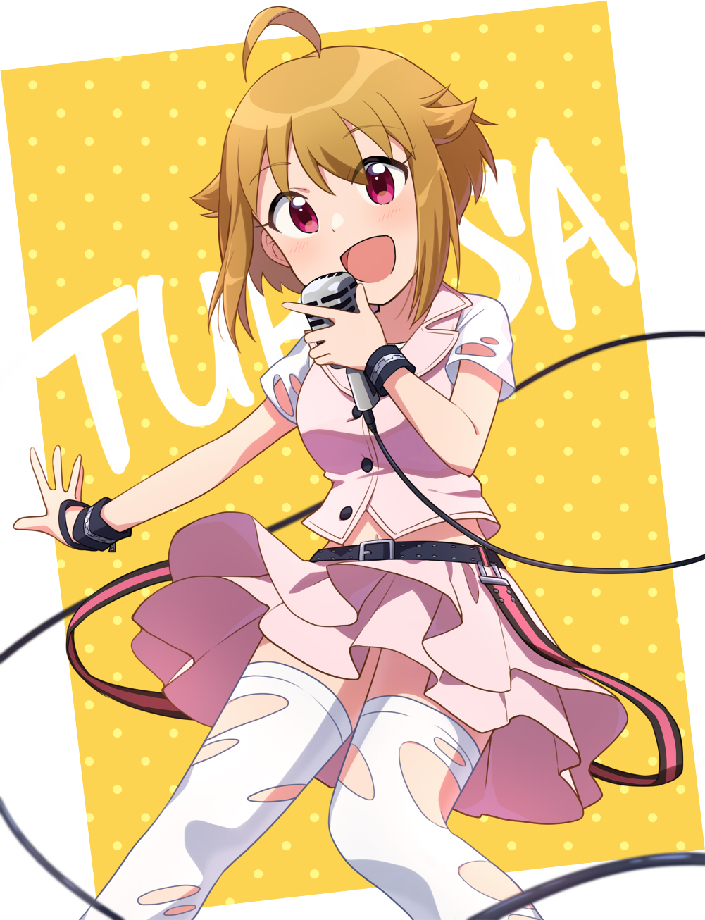 1girl :d ahoge bangs belt black_belt blush brown_hair buttons cowboy_shot highres holding holding_microphone ibuki_tsubasa idolmaster idolmaster_million_live! layered_skirt looking_at_viewer microphone music navel open_mouth pink_eyes pink_skirt pink_vest shirt short_hair short_sleeves singing skirt smile solo tahara_emu thigh-highs torn_clothes torn_legwear vest white_legwear white_shirt wire zettai_ryouiki