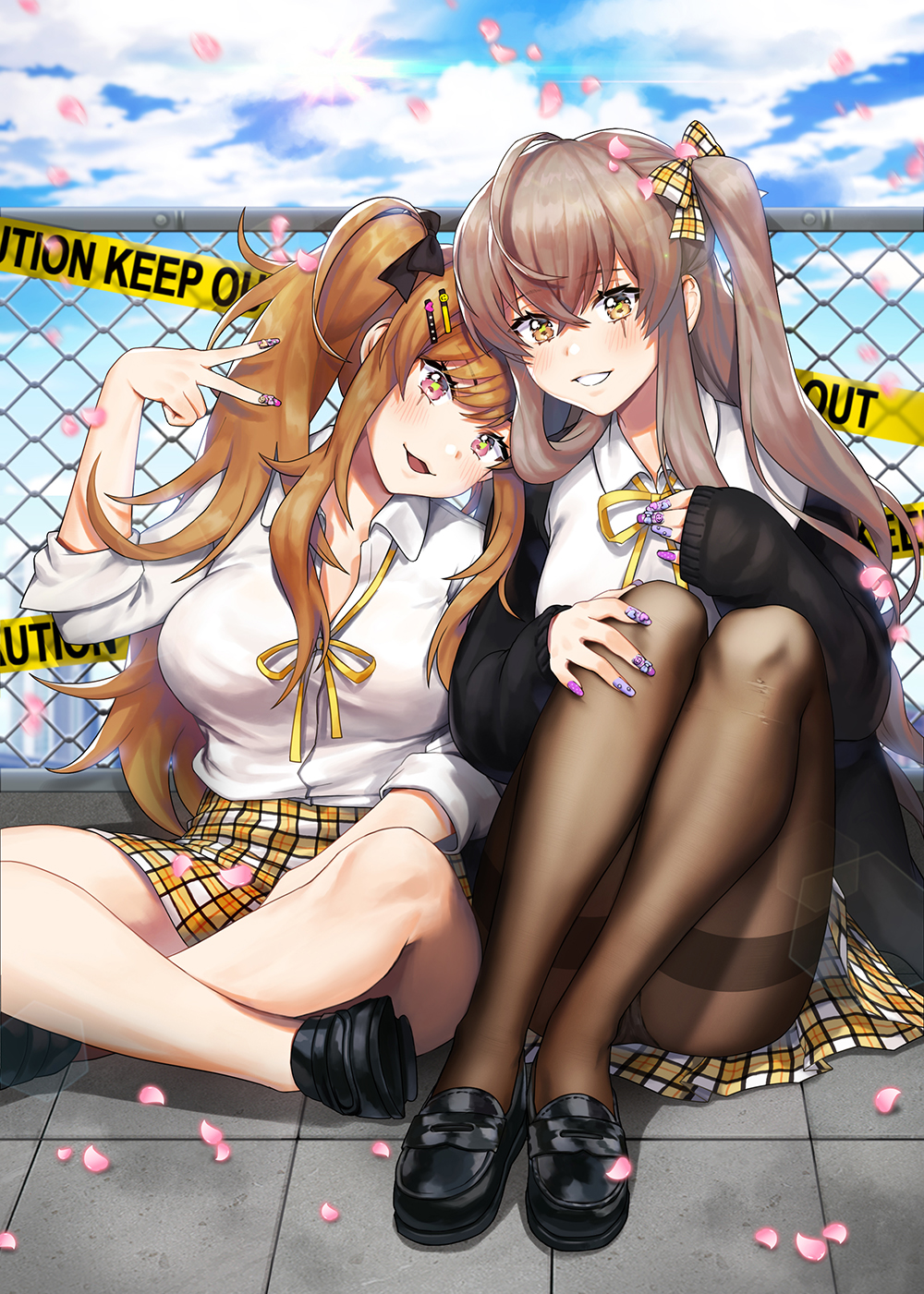 2girls bare_legs black_footwear black_legwear black_vest bow brown_hair checkered checkered_skirt girls_frontline hair_bow hair_ribbon highres long_hair looking_at_viewer multiple_girls neck_ribbon noixen open_mouth pantyhose petals ribbon school_uniform shirt shoes sitting sitting_on_floor skirt smile ump45_(girls_frontline) ump9_(girls_frontline) v vest white_shirt