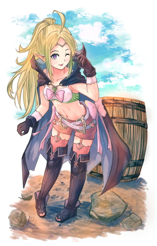 1girl ;p ahoge bangs barrel black_footwear boots bra breasts collarbone cute fire_emblem fire_emblem:_kakusei fire_emblem_13 fire_emblem_awakening full_body fuussu_(21-kazin) garter_belt green_hair intelligent_systems knee_boots leaning_forward long_hair manakete midriff navel nintendo nowi_(fire_emblem) one_eye_closed parted_bangs pink_legwear pink_shorts pointy_ears short_shorts shorts small_breasts solo stomach thigh-highs tongue tongue_out underwear very_long_hair violet_eyes white_bra zettai_ryouiki