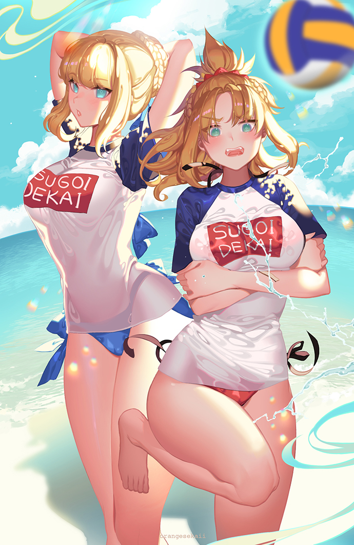 2girls aqua_eyes arm_under_breasts armpits arms_behind_head arms_up artoria_pendragon_(all) bangs bare_shoulders barefoot beach bikini blonde_hair blue_bow blue_sky blush bow braid braided_bun breasts clothes_writing clouds crossed_arms eyebrows_visible_through_hair fate/grand_order fate_(series) front-tie_top green_eyes halterneck high_ponytail large_breasts meme_attire mordred_(fate) mordred_(fate)_(all) multiple_girls navel ocean open_mouth orange_sekaii outdoors raglan_sleeves red_bikini saber shirt short_sleeves side-tie_bottom sidelocks sky standing stomach sugoi_dekai swimsuit t-shirt thighs toes under_boob volleyball water waves white_bikini