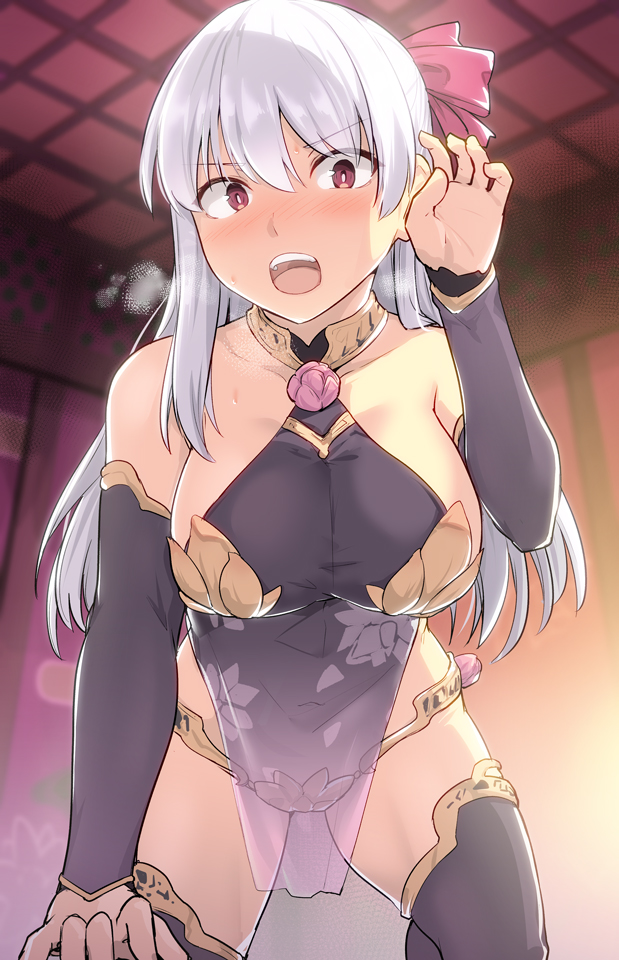 1girl armlet bare_shoulders blush bracelet breasts collar collarbone dress earrings fate/grand_order fate_(series) hair_ribbon hand_in_hair jewelry kama_(fate/grand_order) large_breasts leaning_forward long_hair looking_at_viewer metal_collar open_mouth pelvic_curtain pink_ribbon purple_dress purple_legwear purple_sleeves red_eyes ribbon shiseki_hirame silver_hair thighlet thighs