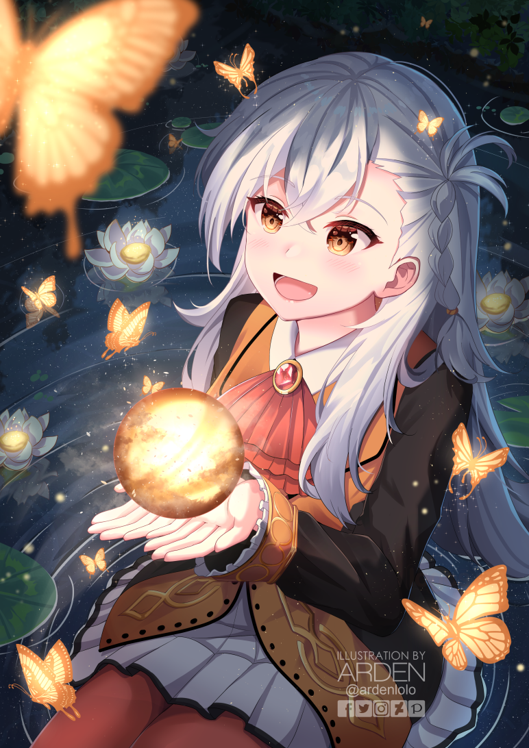 1girl ardenlolo artist_name ascot blush braid bug butterfly buttons commentary_request dress eyebrows_visible_through_hair fate/grand_order fate_(series) frilled_sleeves frills glowing_butterfly hair_between_eyes insect lily_pad lips long_hair long_sleeves looking_up olga_marie_animusphere open_mouth orange_legwear pantyhose pond side_braid single_braid sitting smile solo twitter_username very_long_hair water white_hair yellow_eyes