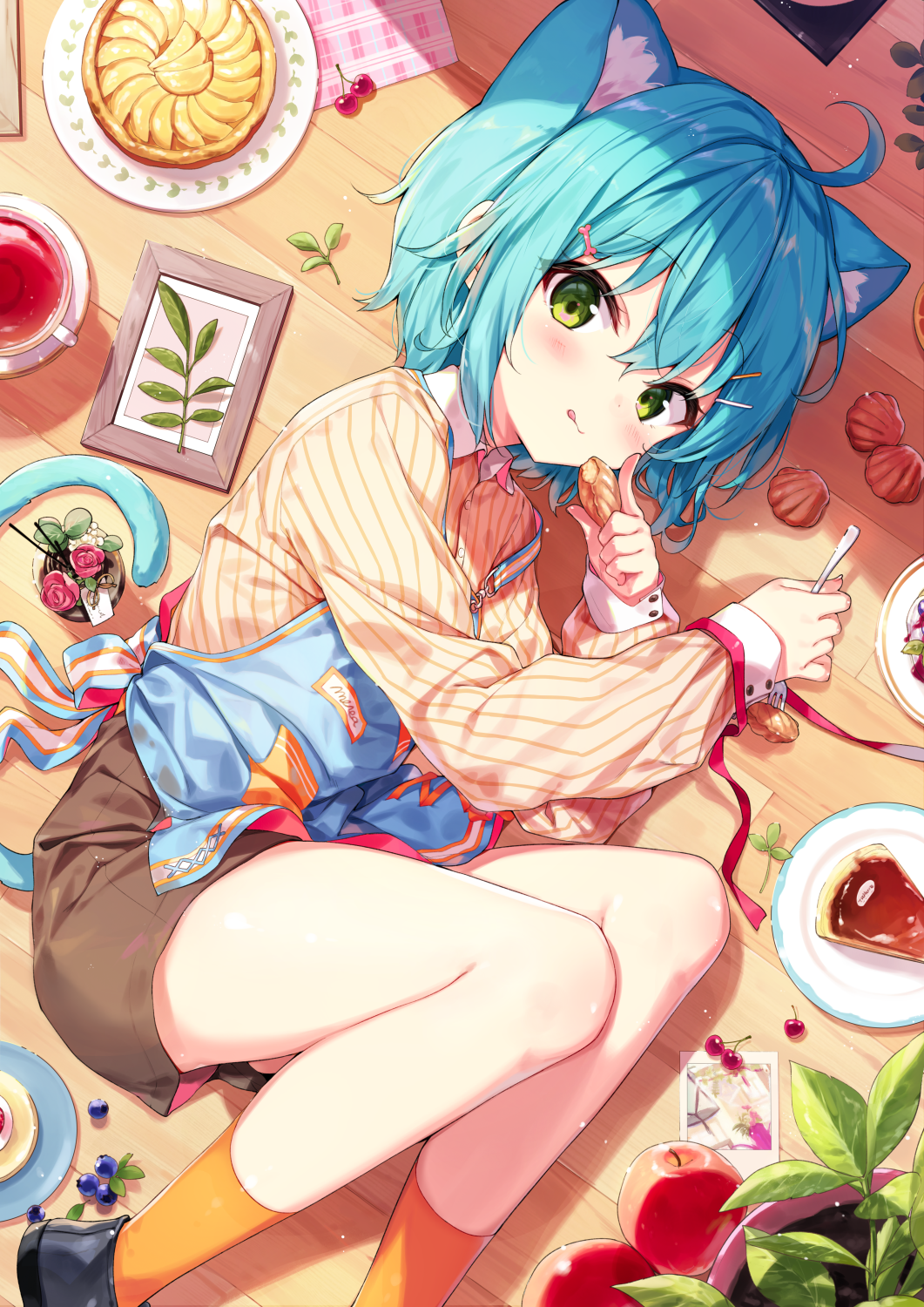 1girl ahoge animal_ear_fluff animal_ears apron aqua_hair bangs bare_thighs black_footwear blue_apron bone_hair_ornament brown_pants collared_shirt cookie eyebrows_visible_through_hair fetal_position flower food fruit green_eyes hair_between_eyes hair_ornament hairclip highres holding long_sleeves looking_at_viewer lying on_side orange_legwear original pants pie ribbon rose shinoba shirt short_hair shorts sidelocks sleeves_past_wrists socks striped striped_shirt tail tea tongue tongue_out wooden_floor