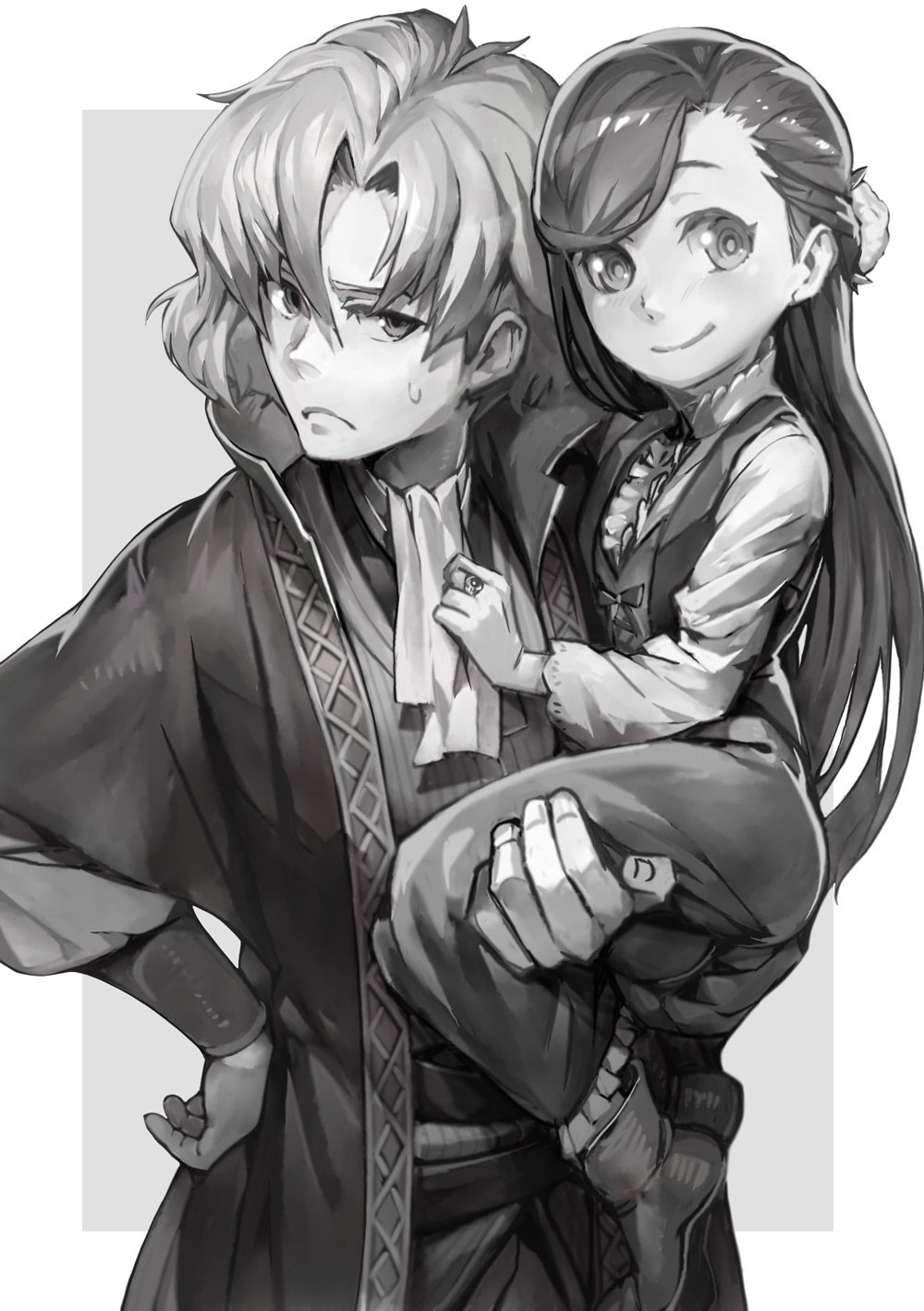 1boy 1girl bangs benno_(honzuki_no_gekokujou) child greyscale half_updo hand_on_hip highres honzuki_no_gekokujou kousaku long_hair long_sleeves maine_(honzuki_no_gekokujou) medium_hair monochrome shoes size_difference smile sweatdrop upper_body