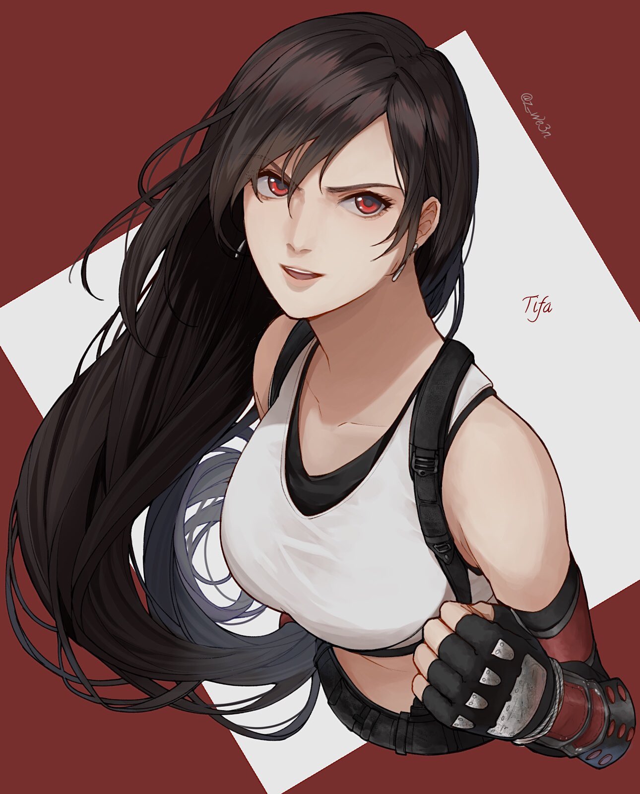 1girl bare_shoulders breasts collarbone earrings elbow_gloves final_fantasy final_fantasy_vii final_fantasy_vii_remake fingerless_gloves from_above gloves highres jewelry large_breasts lips long_hair low-tied_long_hair man_(z_we3n) midriff open_mouth red_background red_eyes smile solo suspenders tank_top tifa_lockhart upper_body very_long_hair white_background white_tank_top