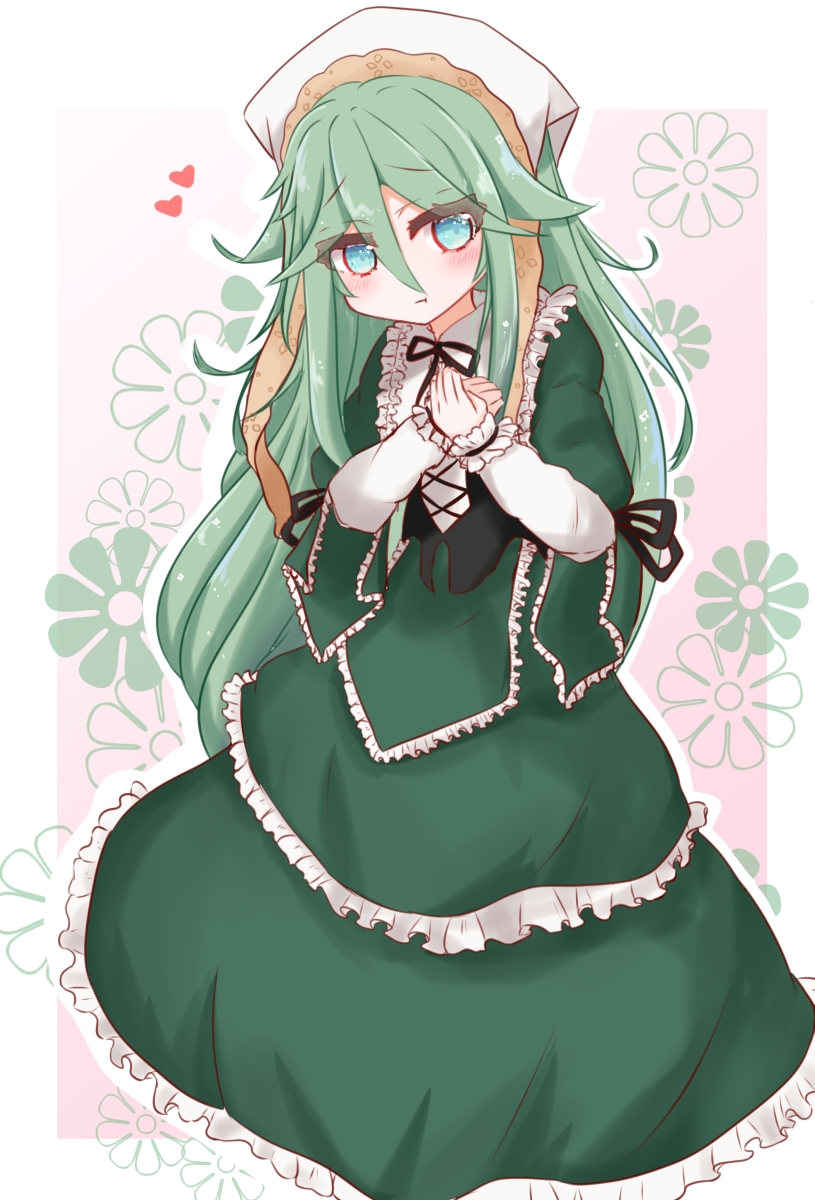 1girl bandana bangs commentary_request cosplay cowboy_shot dress frilled_blouse gothic_lolita green_dress green_eyes green_hair hair_between_eyes hair_ornament hairclip highres kantai_collection lolita_fashion long_hair long_sleeves looking_at_viewer parted_bangs ridy_(ri_sui) rozen_maiden sidelocks solo souseiseki souseiseki_(cosplay) white_headwear yamakaze_(kantai_collection)