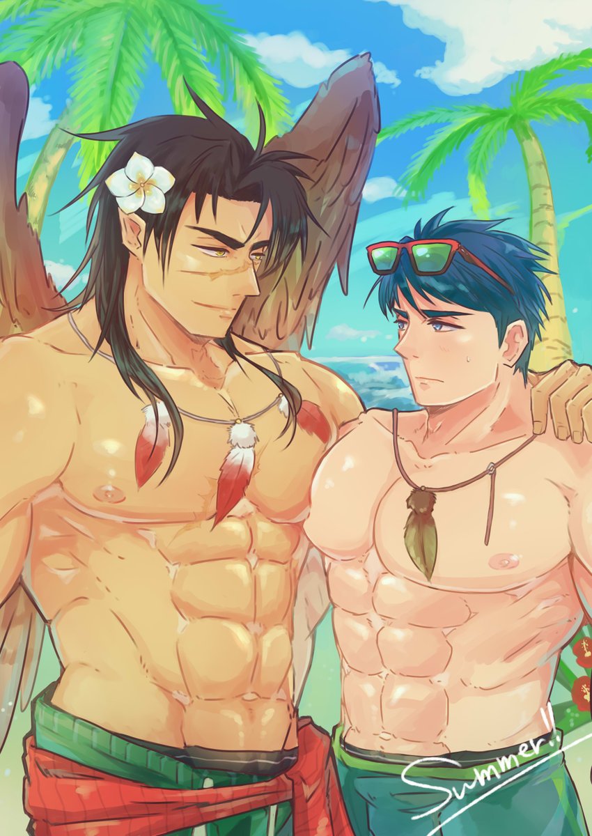 2boys abs alternate_costume bandages bara belt blue_eyes blue_hair brown_hair chest chest_hair couple feathered_wings feathers fire_emblem fire_emblem:_path_of_radiance fire_emblem:_radiant_dawn fire_emblem_heroes highres ike_(fire_emblem) jewelry kamabokozin male_focus multiple_boys muscle necklace nipples pectoral_docking pectorals pointy_ears scar shirtless smile teeth tibarn_(fire_emblem) wings yaoi yellow_eyes