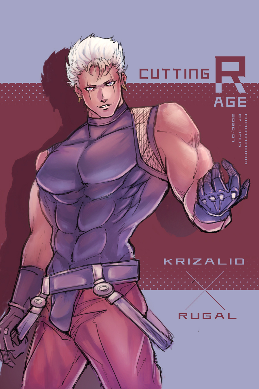 1boy artist_name bangs belt black_gloves cosplay dark_skin dated earrings gloves highres jewelry krizalid looking_at_viewer pants phy_lucius red_eyes red_pants rugal_bernstein rugal_bernstein_(cosplay) short_hair signature sleeveless solo tank_top the_king_of_fighters white_hair