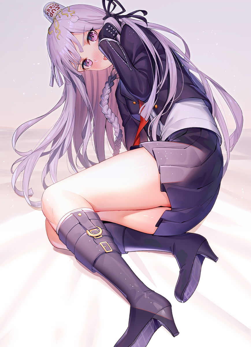 1girl adjusting_hair black_gloves blush boots braid commentary_request cup dangan_ronpa dangan_ronpa_1 disposable_cup eyebrows_visible_through_hair food food_on_head gloves hair_between_eyes hair_ribbon highres jacket kirigiri_kyouko long_hair looking_at_viewer lying necktie noodles object_on_head on_side open_mouth pleated_skirt purple_hair purple_jacket purple_skirt ramen red_neckwear ribbon ririko_(zhuoyandesailaer) shirt single_braid skirt solo violet_eyes white_shirt