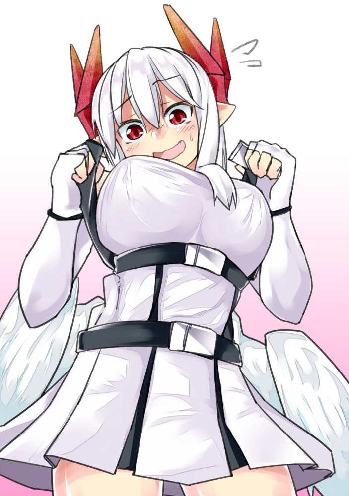 1girl breasts demon_girl demon_horns dress elbow_gloves feathered_wings gloves horns large_breasts lorem_(musuko_ga_kawaikute_shikatanai_mazoku_no_hahaoya) musuko_ga_kawaikute_shikatanai_mazoku_no_hahaoya mutsuki_nekohachi red_eyes red_horns surprised white_dress white_gloves white_wings wings younger