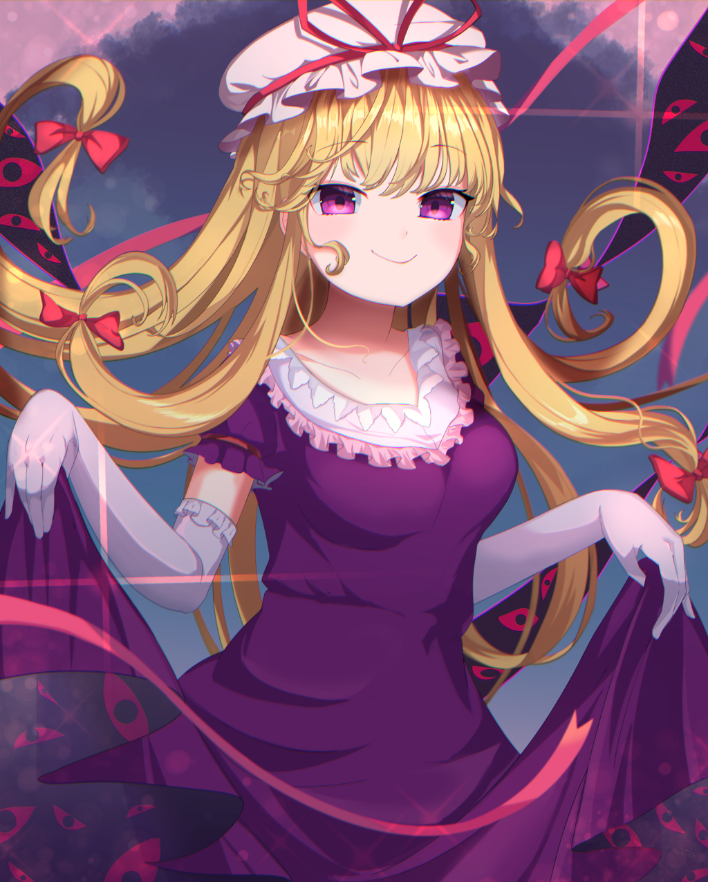 1girl bangs blonde_hair blush bow closed_mouth collarbone dress dress_lift elbow_gloves eyebrows_visible_through_hair eyes frilled_dress frilled_gloves frills gap_(touhou) gloves goma_(u_p) hair_bow hat hat_ribbon highres lifted_by_self long_hair looking_at_viewer mob_cap puffy_short_sleeves puffy_sleeves purple_dress raised_eyebrows red_bow red_ribbon ribbon short_sleeves smile smirk solo touhou violet_eyes white_gloves yakumo_yukari