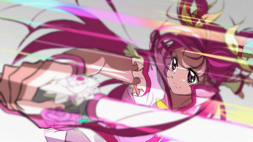 1girl bow commentary cure_dream cure_erebos dress fingerless_gloves foreshortening gloves grey_background hair_bow looking_away magical_girl pink_eyes pink_hair precure serious simple_background single_glove solo speed_lines upper_body wand yes!_precure_5 yes!_precure_5_gogo! yumehara_nozomi