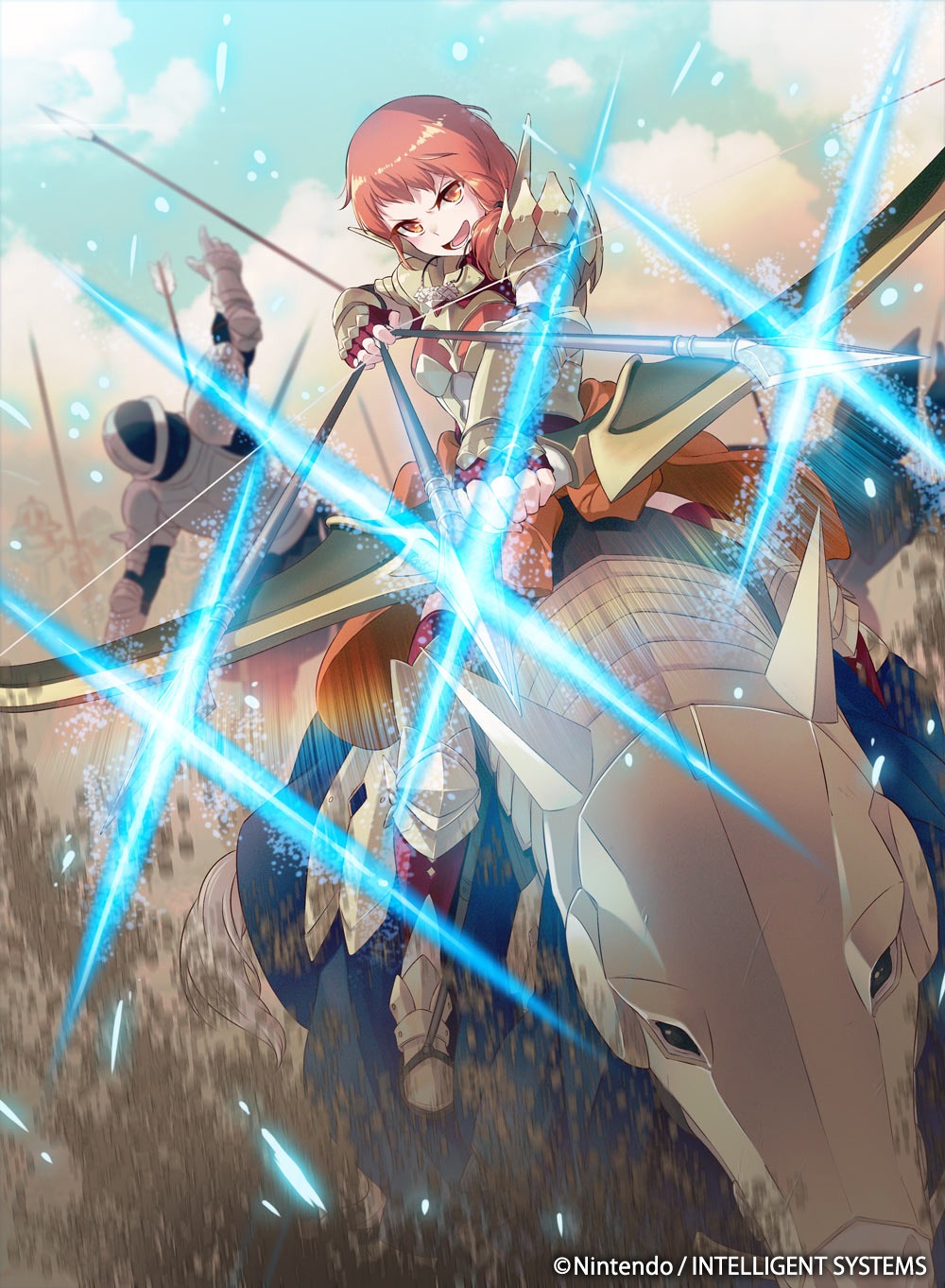 1girl 40hara armor arrow_(projectile) blue_sky bow_(weapon) company_name copyright_name day fingerless_gloves fire_emblem fire_emblem:_three_houses fire_emblem_cipher gloves helmet highres holding holding_bow_(weapon) holding_weapon horse horseback_riding leonie_pinelli official_art open_mouth orange_eyes orange_hair outdoors riding sky solo_focus weapon