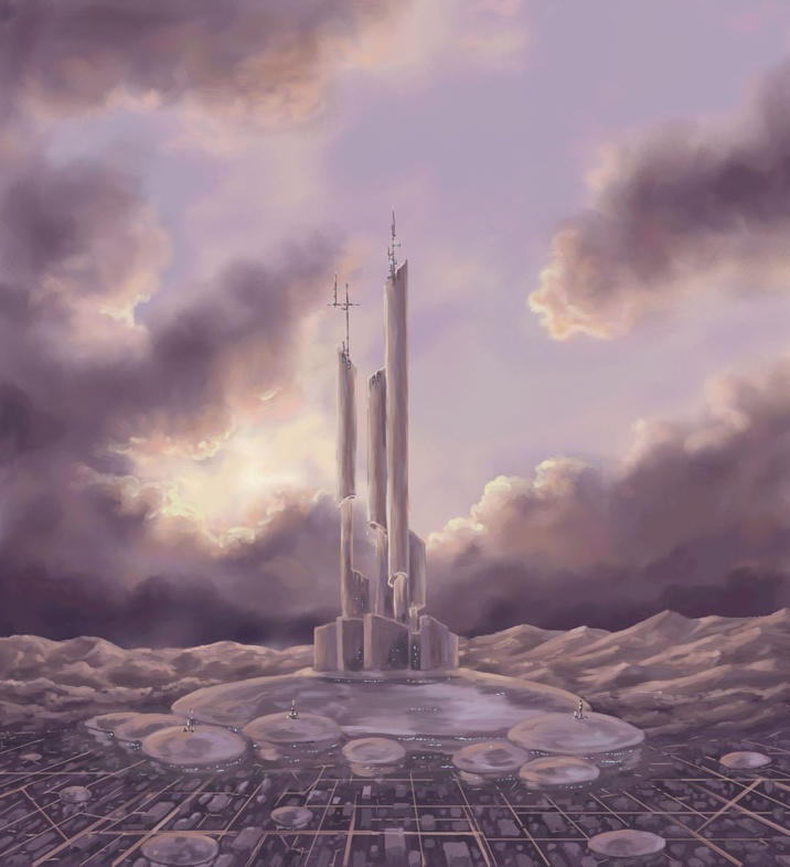 antennae building choedan-kal choujikuu_kidan_southern_cross cityscape clouds commentary desert dome dusk english_commentary highway light_rays military_base mountain mountainous_horizon oil_painting_(medium) planet_glorie realistic road robotech science_fiction sketch southern_cross sunbeam sunlight tower