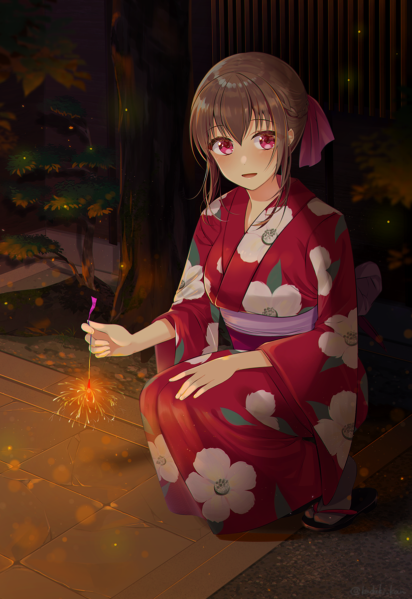 1girl brown_hair fireworks floral_print hair_ribbon highres japanese_clothes kazuki_kan kimono night obi original outdoors print_kimono red_eyes red_kimono red_ribbon ribbon sash solo squatting tabi tree white_legwear yukata zouri